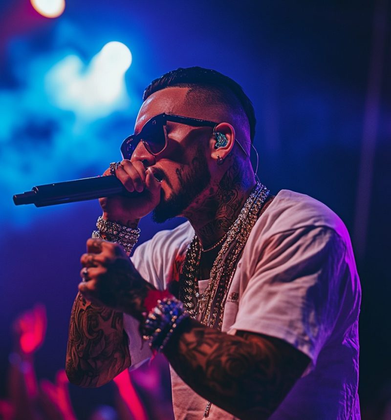 Film still in the style of 2024 documentary. A charismatic Latin reggaeton artist performing on stage, holding the microphone and engaging the crowd with energy and passion. He’s dressed in trendy, urban streetwear with sunglasses, chains, and vibrant accessories. Colorful stage lights in purples, blues, and reds illuminate him, casting dynamic shadows that enhance the performance’s intensity. The background includes a lively crowd with hands raised and faint outlines of dancers or DJ equipment, capturing the electrifying atmosphere. Shot with a Sony A7R IV and 85mm f/1.4 lens at f/2.0, inspired by the high-energy style of Danny Clinch’s live performance photography. --ar 3:4 --style raw --v 6.1 Job ID: c6fc2e07-8d9d-406a-8c27-f1509fa3f5e1